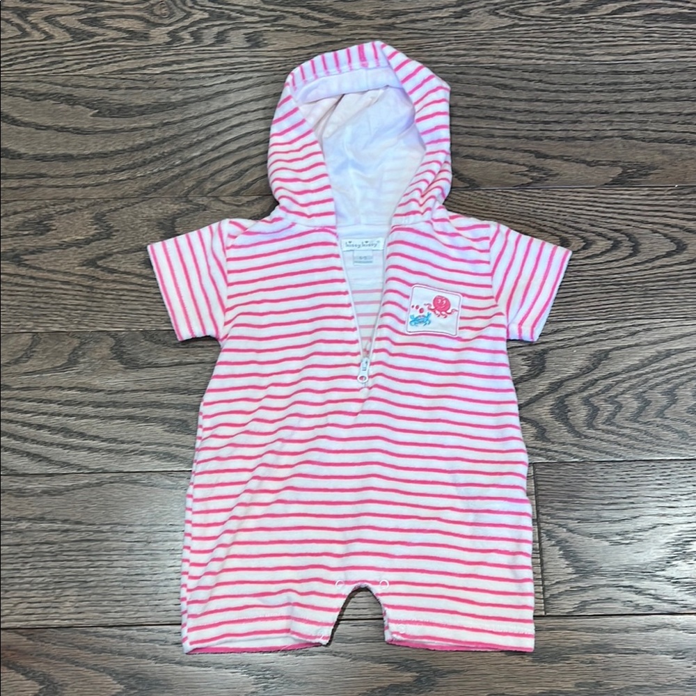 Baby KISSY KISSY Pink and White Striped Hooded Romper 100% pima cotton NWOT 6-9 - Picture 1 of 5